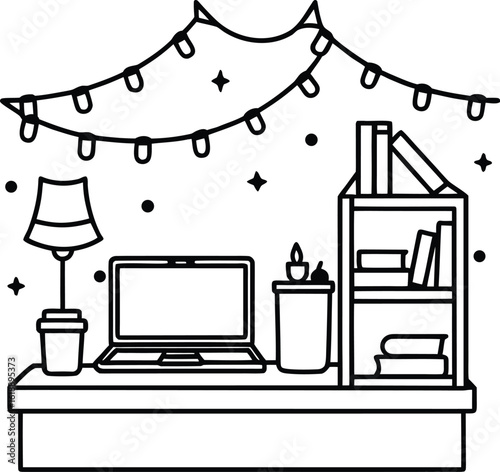 dorm with laptop books and fairy lights