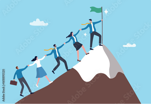 Team achievement, teamwork to success together, colleagues support or leadership to lead team to overcome challenge, cooperation concept, business people team member help others reach mountain peak