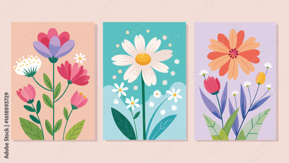 Fototapeta premium Spring Holiday Floral Card and Poster Set with Hand Drawn Wildflowers Tulips and Daisies, Vector Templates for Women’s Day, Mothers Day, Easter, Birthday, and Seasonal Decoration