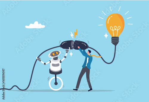AI Artificial Intelligence support to business success, innovation or technology to get new idea, robot or automation for business concept, businessman plug in lightbulb with robot to work together