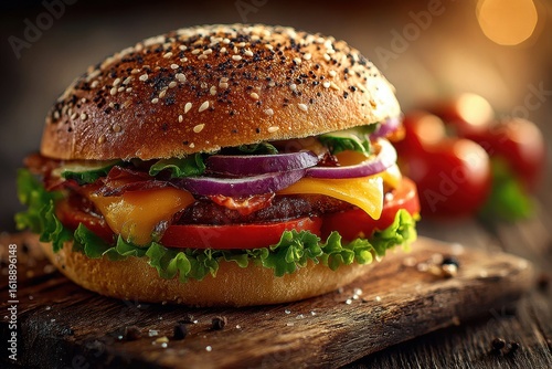 Gourmet seeded burger with tomatoes and cheddar cheese on a dark wooden serving board at dinnertime
