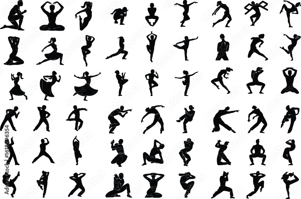 Naklejka premium TikTok Dance Poses Icon Silhouette Set Trendy TikTok Dancer Silhouettes Vector Icons