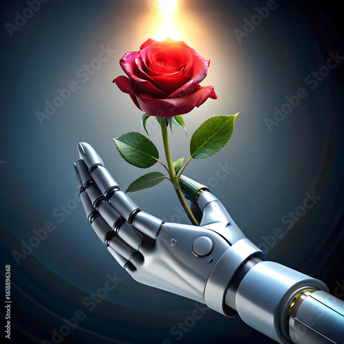 robot hand offering a glowing rose tech meets e