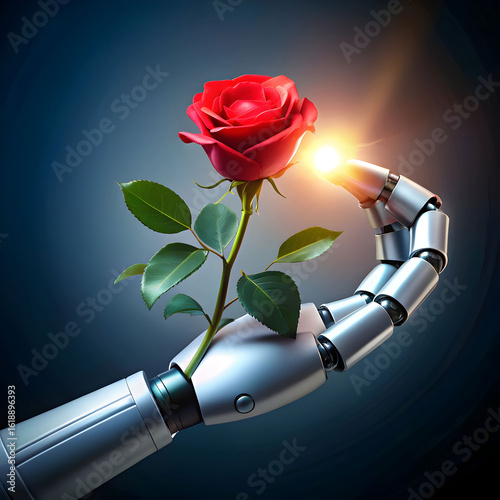 robot hand offering a glowing rose tech meets e