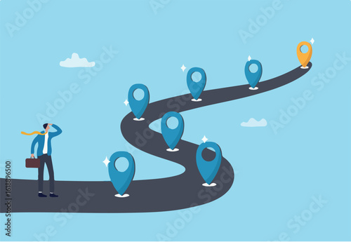 Success roadmap journey, milestone or career path achievement, route or pathway to achieve goals, accomplishment, assessment or way to success, businessman look at achievement milestone to success