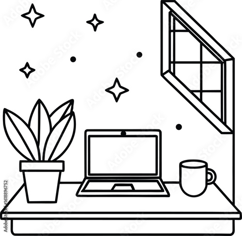 dorm room with laptop mug and potted plant