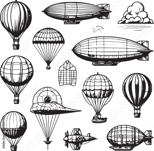 Hot air balloons dirigibles and airplane in black and white airship zeppelin