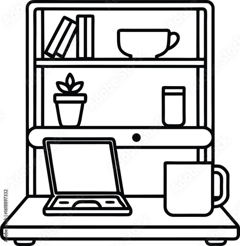 dorm with laptop on bed coffee mug and shelf