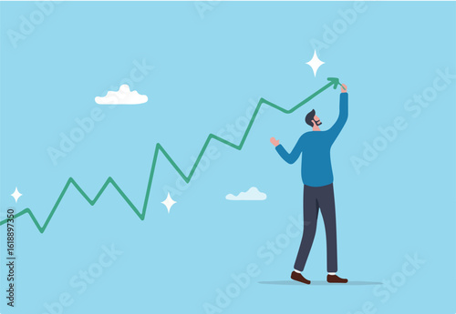Financial growth, business up rising or growing well, planning to progress and increase profit, success achievement strategy concept, businessman drawing financial growing growth graph diagram.