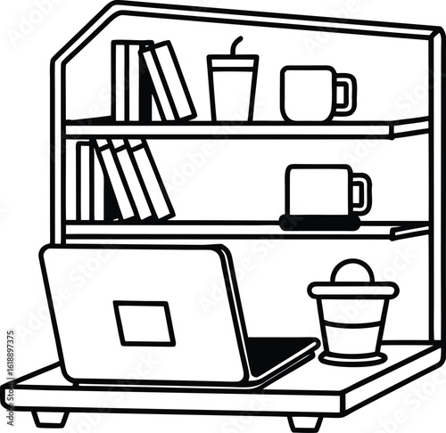 dorm with laptop mug and tidy shelf