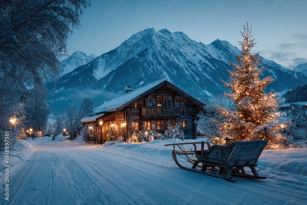 Naklejka premium Winter evening in the Alps featuring a rustic cabin illuminated by festive lights and a snowy road with a wooden sled, mountains in the background