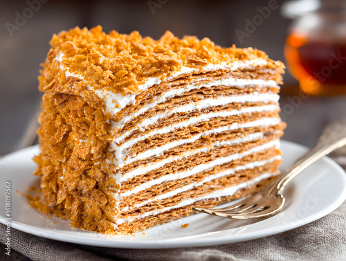 Decadent Russian Honey Cake Slice with Many Layers