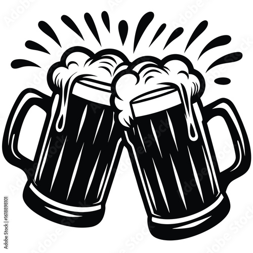 Two Frothy Beer Mugs Clinking foam