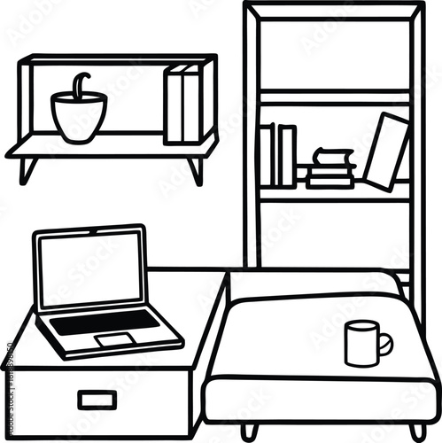 dorm with laptop on bed coffee mug and shelf 1