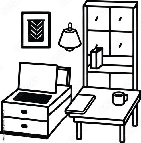 dorm room with laptop on bed cup of tea and shelf