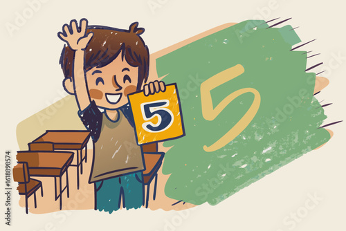 Boy holding up number flashcard and smiling