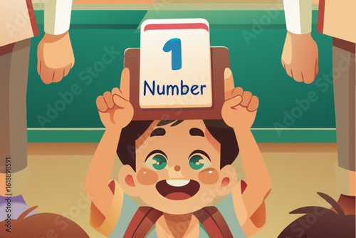 Boy holding up number flashcard and smiling