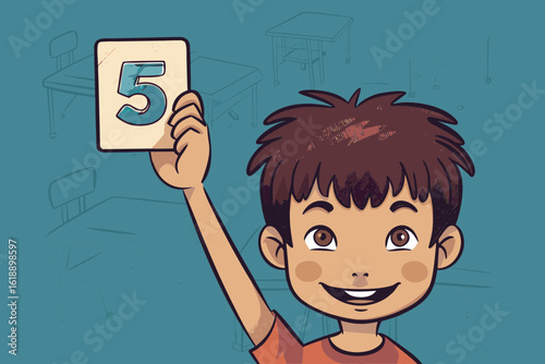 Boy holding up number flashcard and smiling