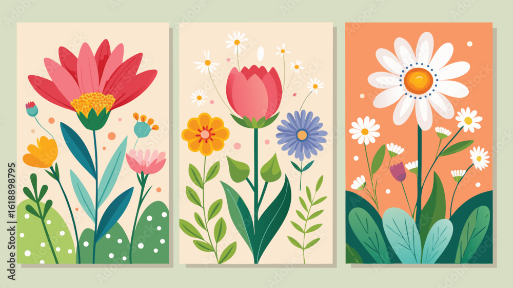 Fototapeta premium Spring Holiday Floral Card and Poster Set with Hand Drawn Wildflowers Tulips and Daisies, Vector Templates for Women’s Day, Mothers Day, Easter, Birthday, and Seasonal Decoration