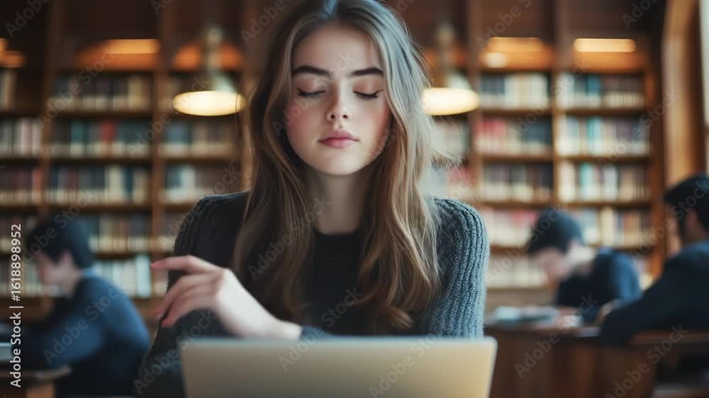 Focused young woman studying on a laptop in a library with shelves of books in the background Focused young woman studying on a laptop in a library with shelves of books in the background