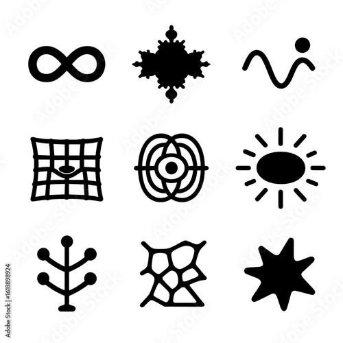 Abstract Science Icons. Solid, filled icon set of abstract science concepts: infinity symbol, fractal pattern, wave-particle