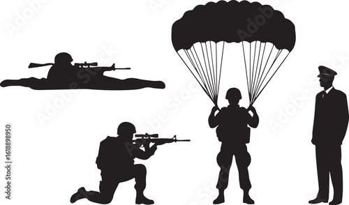Soldiers with parachute and rifle military aiming