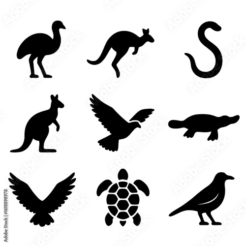 Aboriginal Constellation Icons. Solid, filled icon set of Australian Aboriginal constellations: Emu, Kangaroo, Snake, Wallaby,
