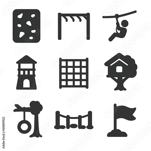 Adventure Playground Icons. Solid, filled icons set of adventure playgrounds: climbing wall, monkey bars,
