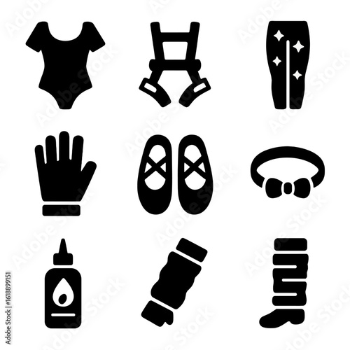 Aerialist Costume Icons. Solid, filled icon set of acrobat and aerialist costumes: leotard, safety harness, glittery tights,
