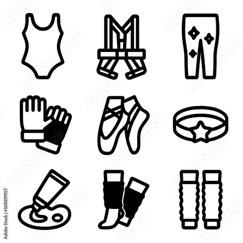 Aerialist Costume Icons. Solid, filled icon set of acrobat and aerialist costumes: leotard, safety harness, glittery tights,