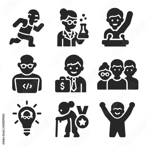 Age-Defying Icons Collection. Solid, filled icons set of defying age expectations: elderly athlete, teen