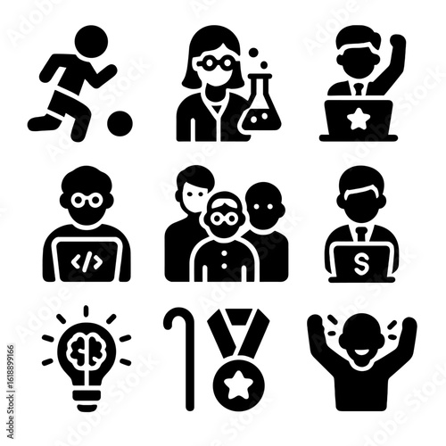 Age-Defying Icons Collection. Solid, filled icons set of defying age expectations: elderly athlete, teen