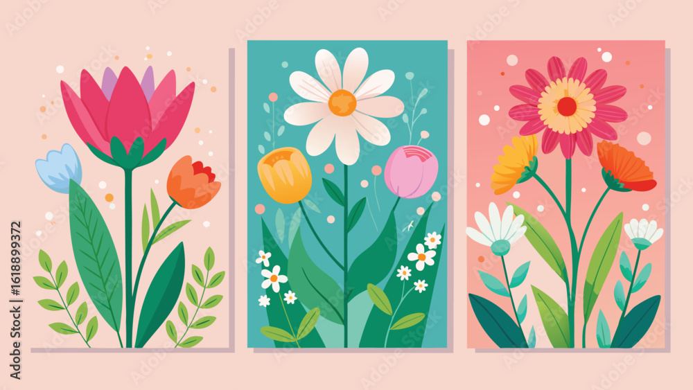 Naklejka premium Spring Holiday Floral Card and Poster Set with Hand Drawn Wildflowers Tulips and Daisies, Vector Templates for Women’s Day, Mothers Day, Easter, Birthday, and Seasonal Decoration