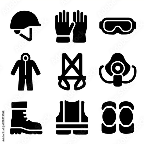 Airlift Safety Gear Icons. Solid, filled icon set of airlift evacuation safety gear: helmet, gloves, goggles, fireproof suit,
