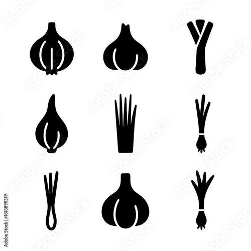 Allium Vegetables Icons. Solid, filled icon set of allium vegetables: onion, garlic, leek, shallot, chive, scallion, spring onion,