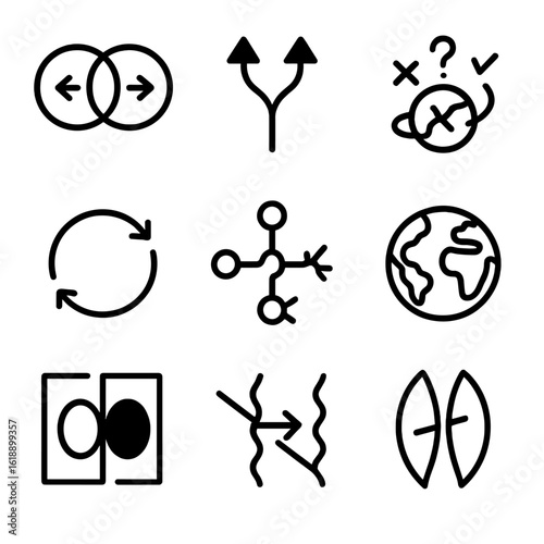 Alternate Reality Icons. Solid, filled icon set of alternate reality scenarios: parallel worlds, divergent paths, quantum choice,