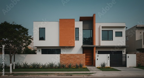 modern facade of a Luxury house, modern architecture of mexico, modern residential houses of two floors. Guadalajara, Jalisco, Mexico, June 24, 2024. infonavit