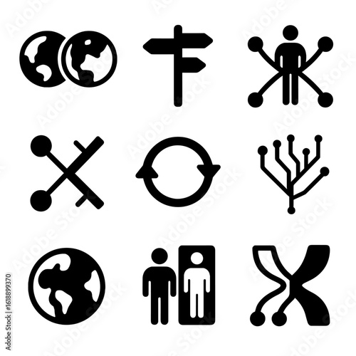 Alternate Reality Icons. Solid, filled icon set of alternate reality scenarios: parallel worlds, divergent paths, quantum choice,