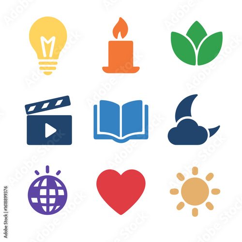 Ambient Light Icons. Solid, filled icons set of ambient mood lighting: warm light bulb, candlelight mode,