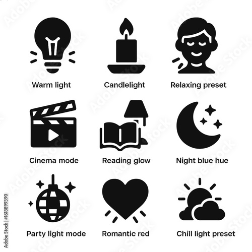 Ambient Light Icons. Solid, filled icons set of ambient mood lighting: warm light bulb, candlelight mode,