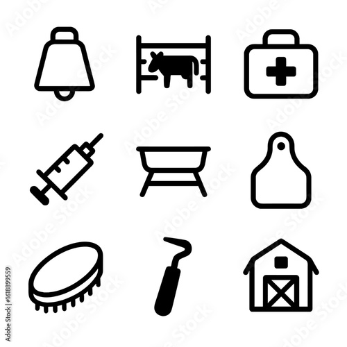 Animal Husbandry Icons. Solid, filled icon set of Cow bell and animal husbandry: cow bell, cattle pen, vet bag, syringe, feed