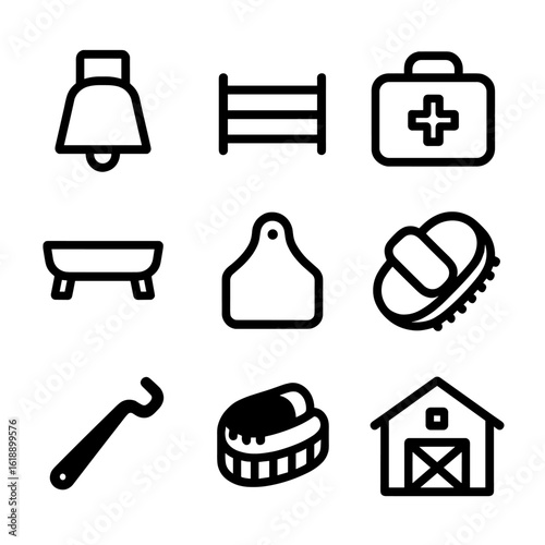 Animal Husbandry Icons. Solid, filled icon set of Cow bell and animal husbandry: cow bell, cattle pen, vet bag, syringe, feed