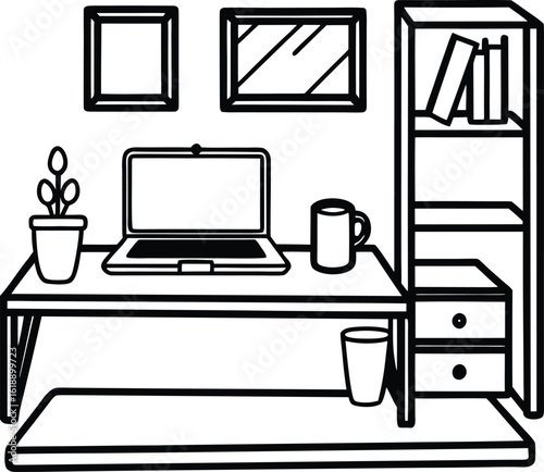 dorm with laptop on bed coffee mug and shelf