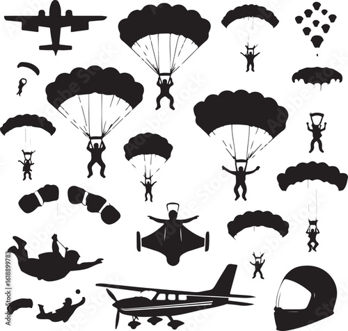 Skydivers parachuting from airplane with helmet skydiving parachute