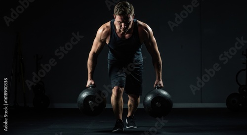 Determined Muscular Man Performing Farmer's Walk Exercise with Heavy Weights in a Dark Gym
