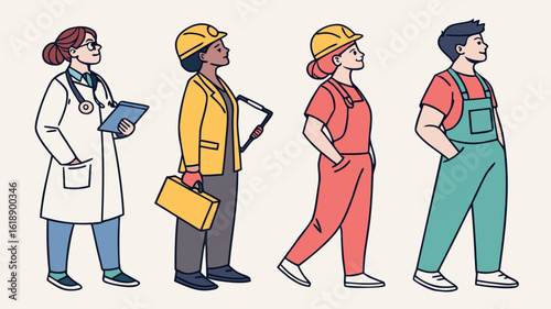 Diverse workforce showing a doctor, construction worker, engineer, and mechanic embodying professional unity and skilled labor