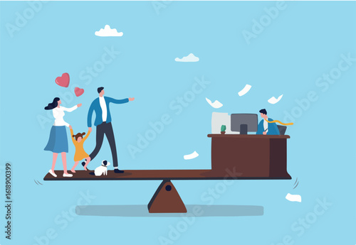 Work life balance, choose between family or hard work to be success, career opportunity or spend time with family, decision or responsibility concept, seesaw compare between family and man work hard