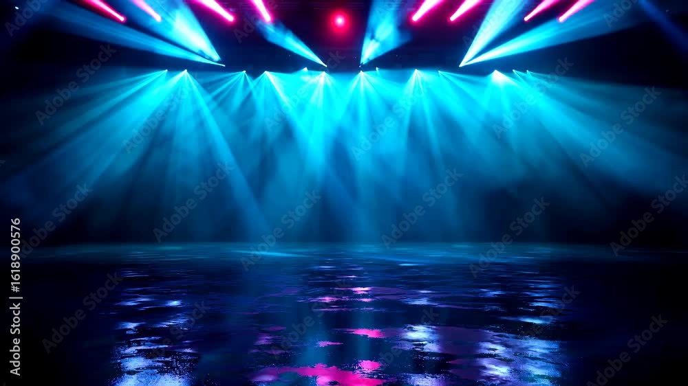 Seamlessly looping animation of an empty stage with a wet floor under blue and magenta concert spotlights
