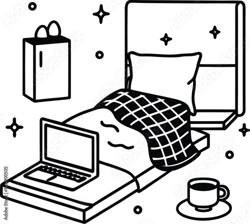 dorm room with laptop cup of tea and cozy blanket