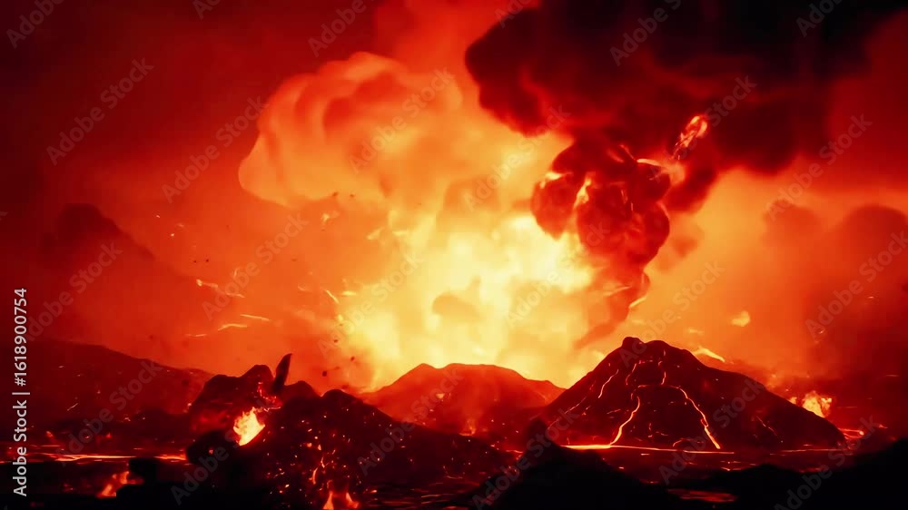 Violent volcano eruption spews molten rock and ash into fiery sky ...